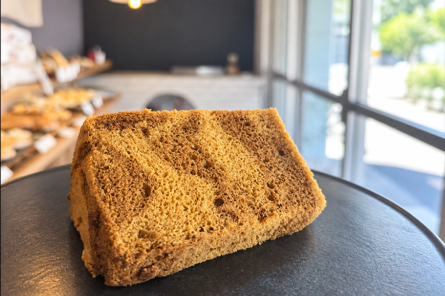 黒い皿にのせた、茶色のマーブル模様のシフォンケーキ