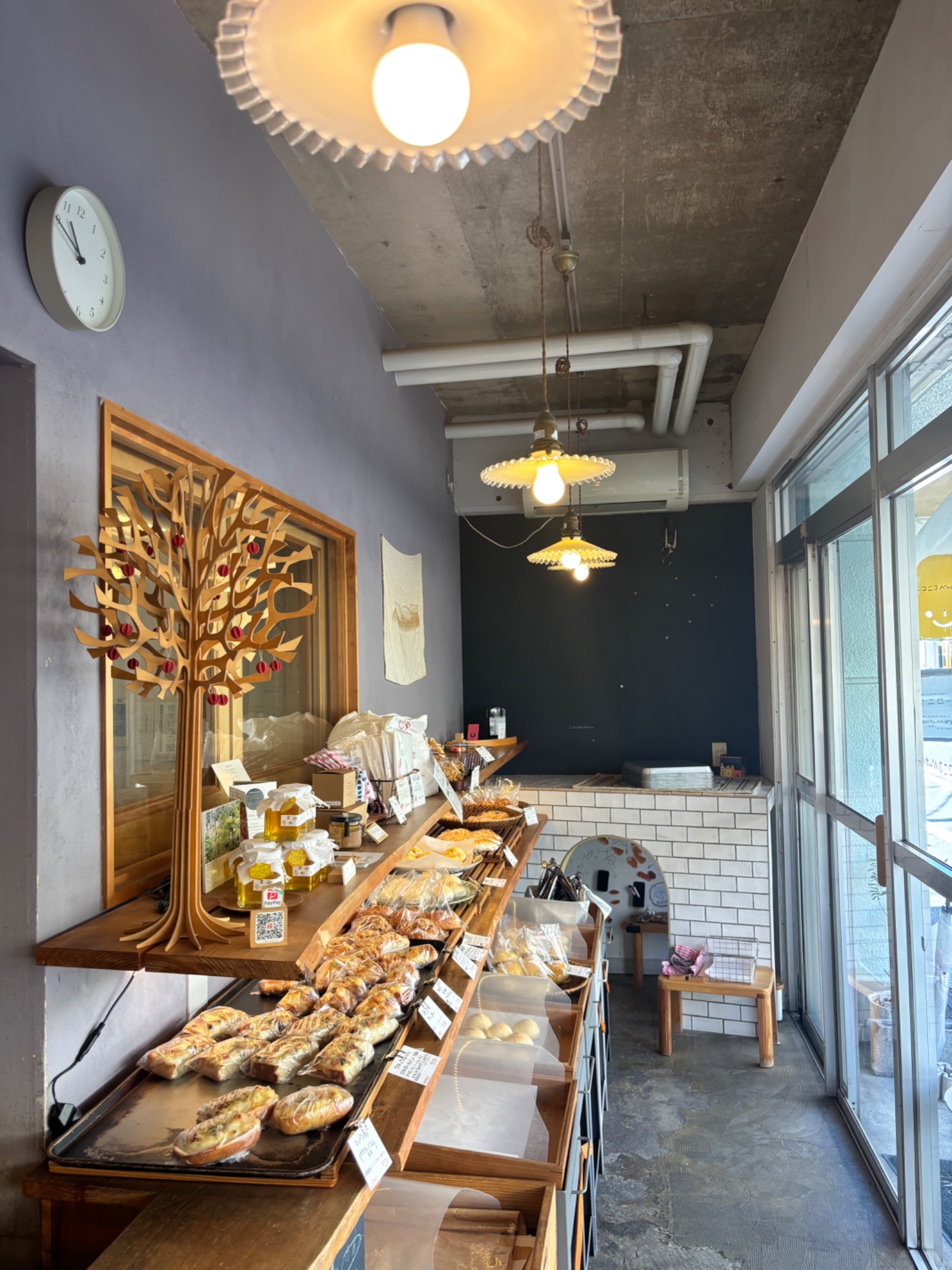 木の棚と青い腰壁、ガラス窓のある細長い店内